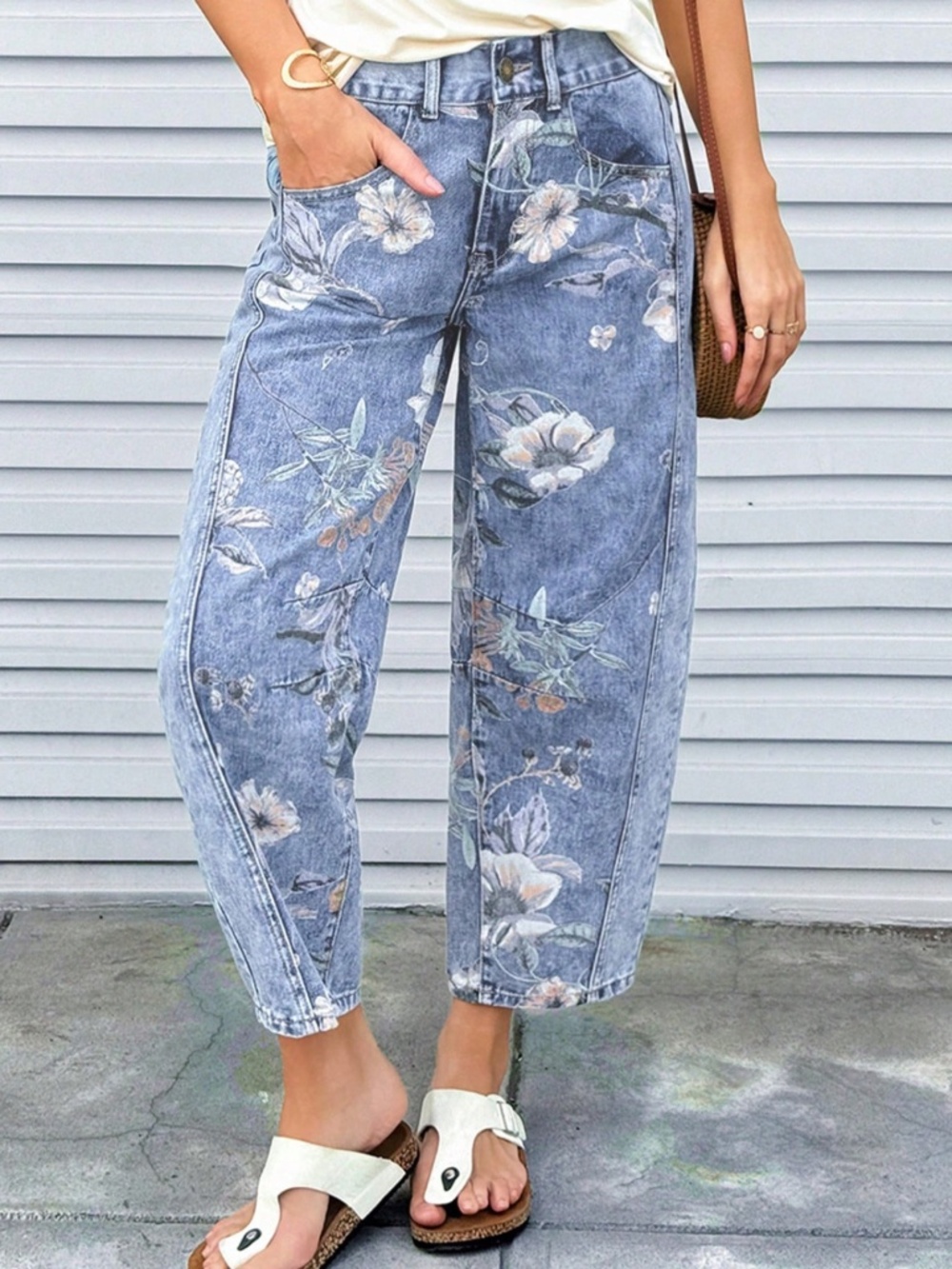 Light Wash Floral Print Barrel Cropped Denim Jeans Pants - Picture 2 of 4